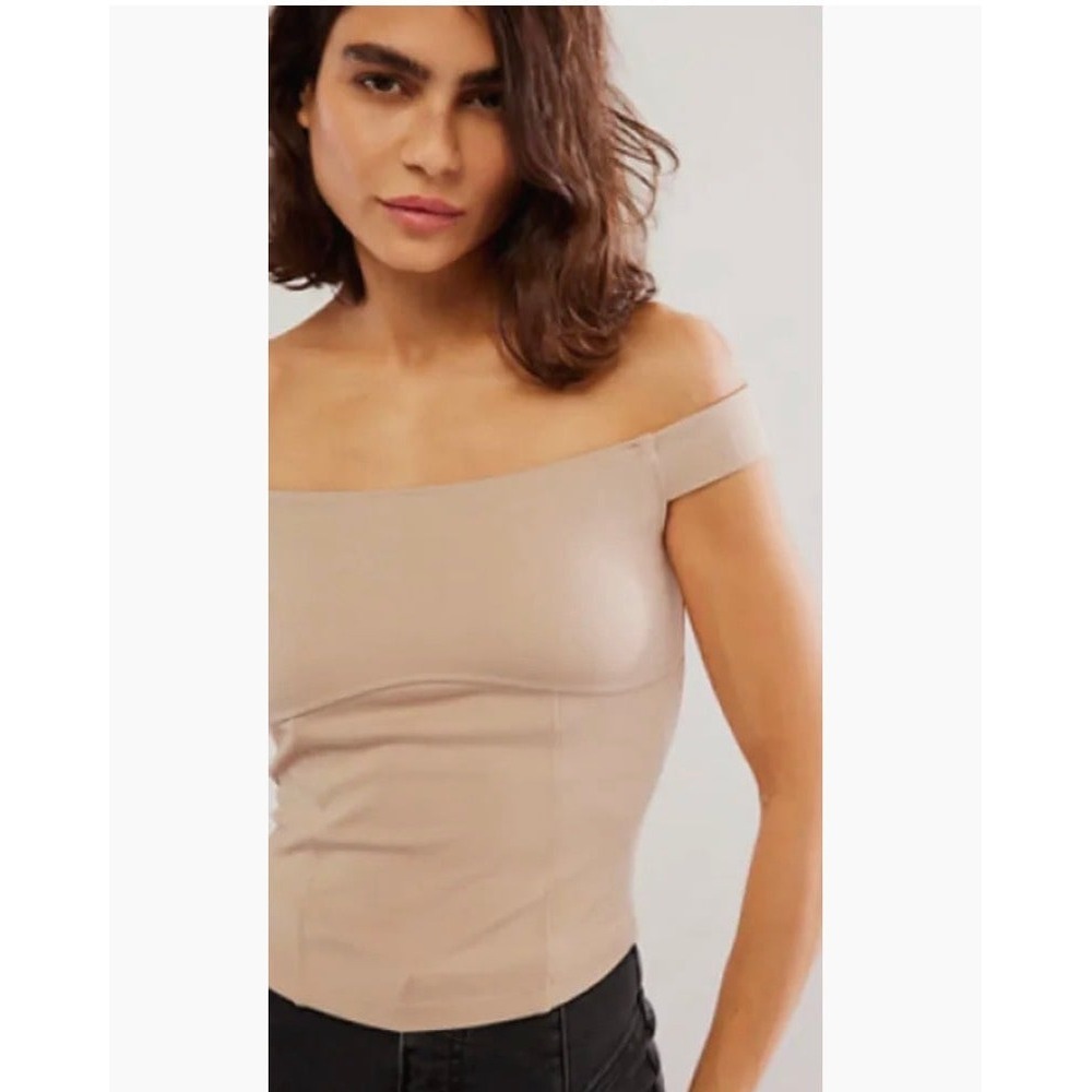 Free People Tan Off The Shoulder Ballet Neck Smocked Back Crop Top Womens Large